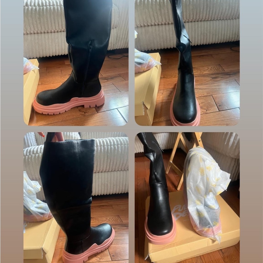 Black chunky Knee high boots with pink bottoms